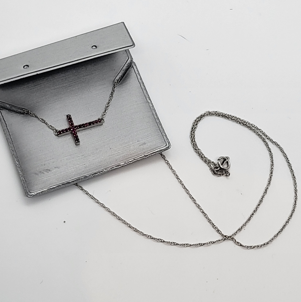 NWOT Peoples Jewelers Lab-grown Ruby Encrusted Cross Necklace, Silver